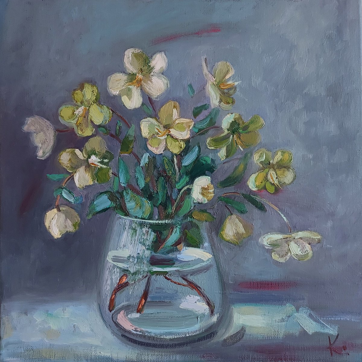 Impressionistic Botanical Oil Painting By Olena Kolotova, 16 X 16", Still Life "Flowers On Blue", Original Artwork