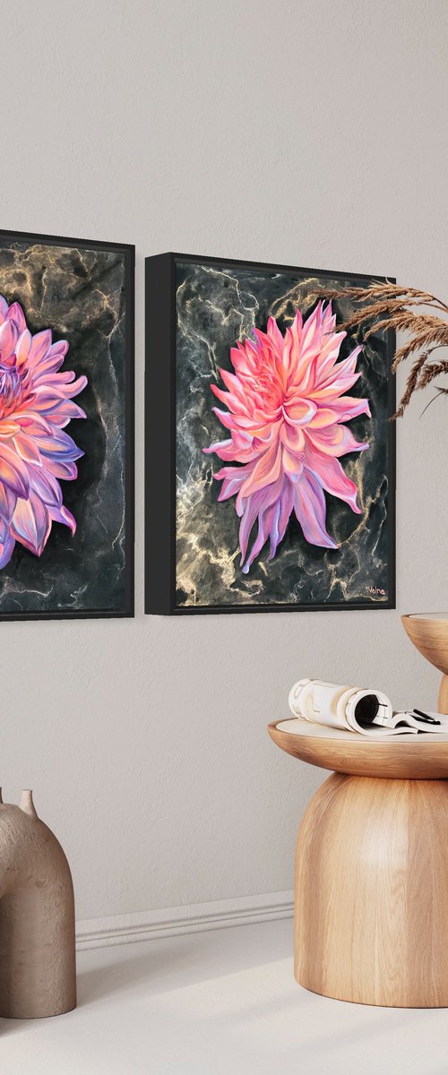Shining Dahlias Diptych by Olga Volna