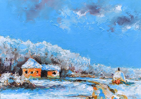 Small oil painting. Winter scene.