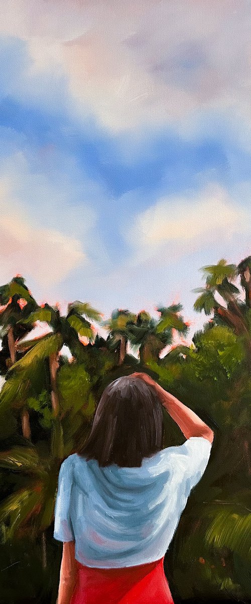 Palm Paradise - Woman Palm Tree Tropical Painting by Daria Gerasimova