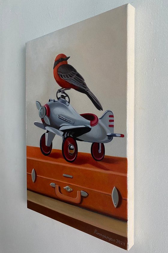 Still life with bird and plane (24x35cm, oil painting, ready to hang)