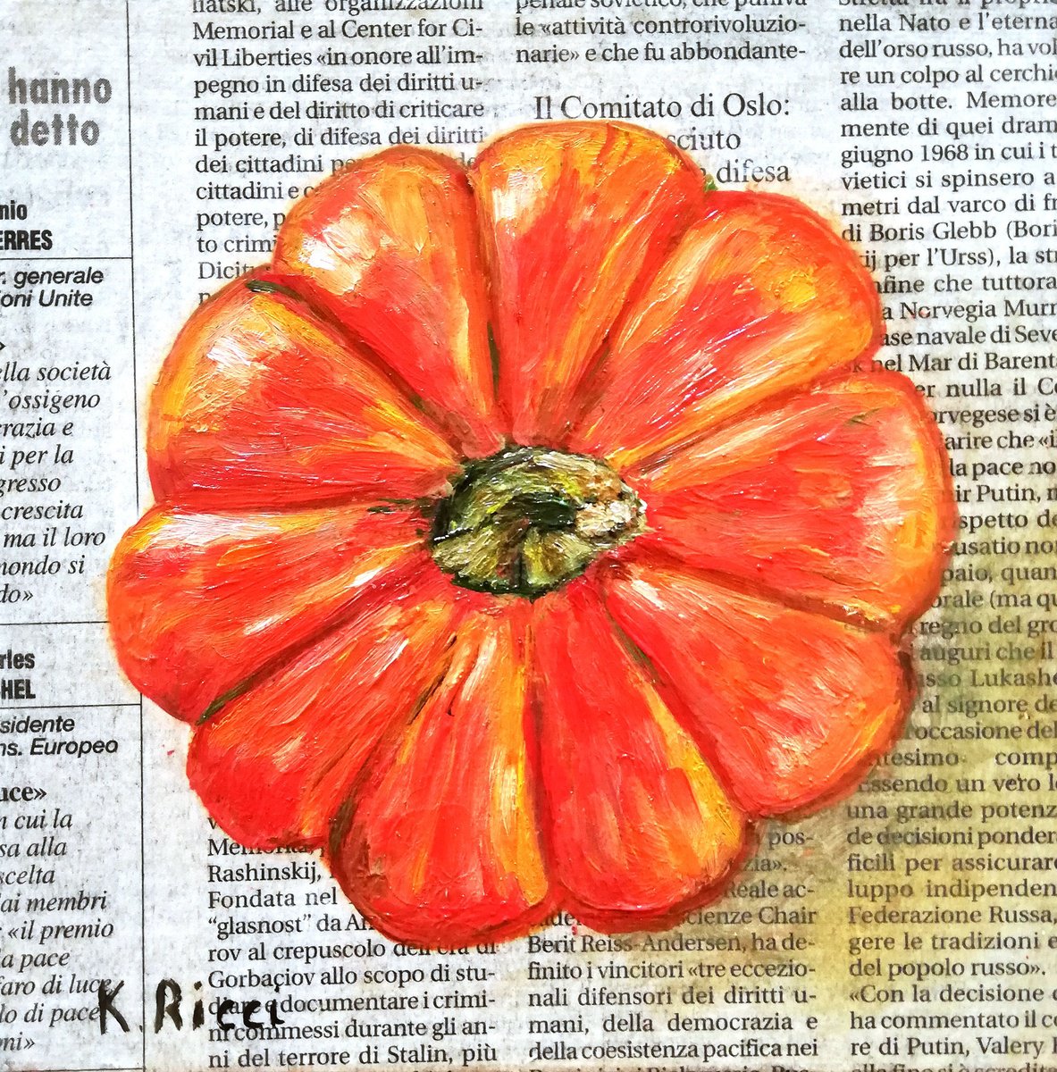 Pumpkin on Newspaper Original Oil on Canvas Board Painting 6 by 6 inches (15x15 cm) by Katia Ricci