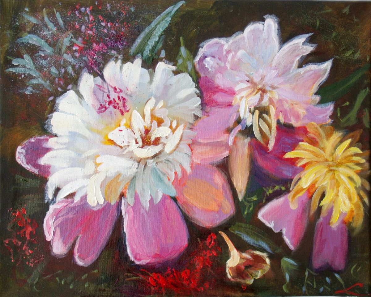 Impressionistic Botanical Oil Painting By Elena Sokolova, 20 X 16, Peonies2, Original Artwork