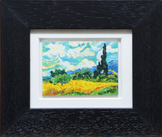 After Van Gogh - ACEO Size - Wheat Field With Cypresses - Framed - Acrylic Painting