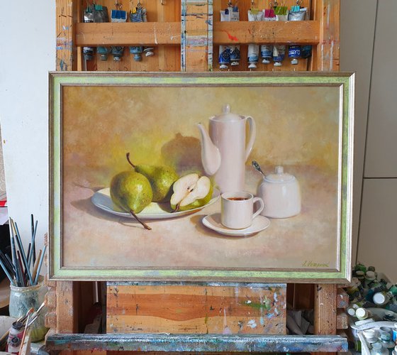 "Evening tea with pears. " still life teapot pear liGHt original painting  GIFT (2020)