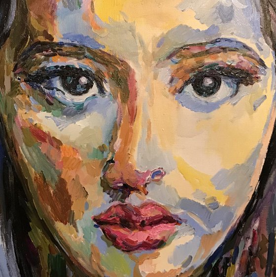 FEMALE PORTRAIT - original oil painting, love feelings sense, blue 100x70