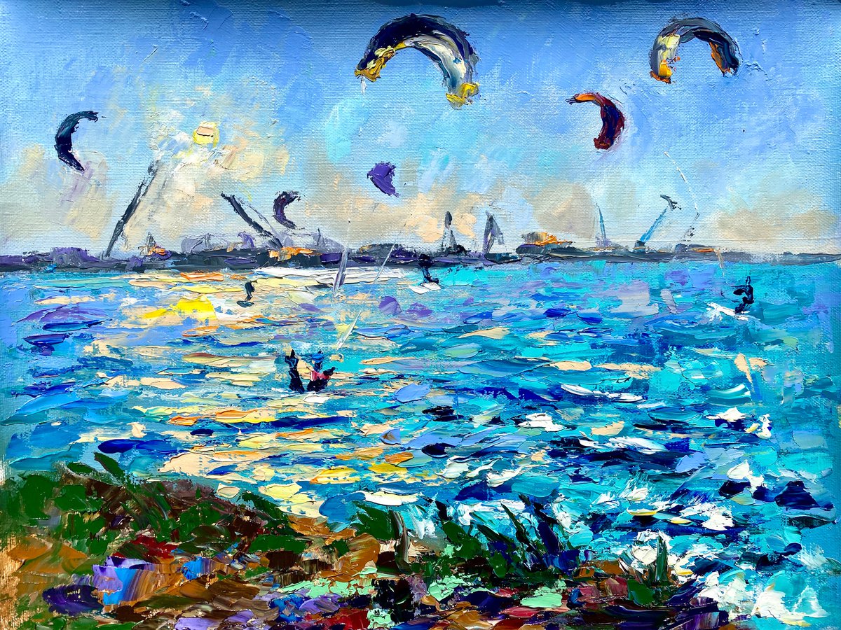 Kitesurfing - ?atch before sunset, 47*37cm, impressionistic oil impasto landscape painting by Olga Blazhko