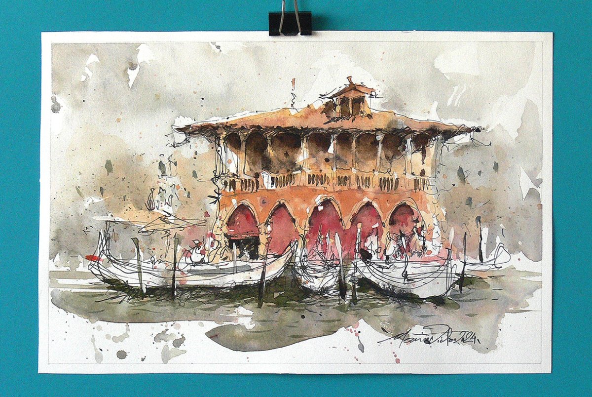 Impressionistic Cityscapes Watercolour By Marin Victor, 11 X 7", Venice, Fish Market., Original Artwork