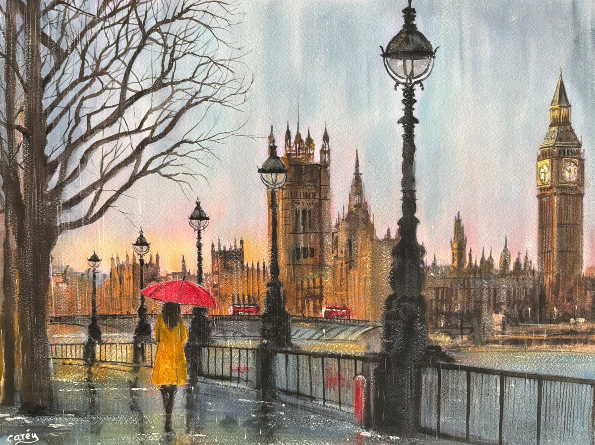 Impressionistic Watercolour , London Scene, Walking In The Rain. By Darren Carey, 15 X 11, Artwork For Sale On Artfinder
