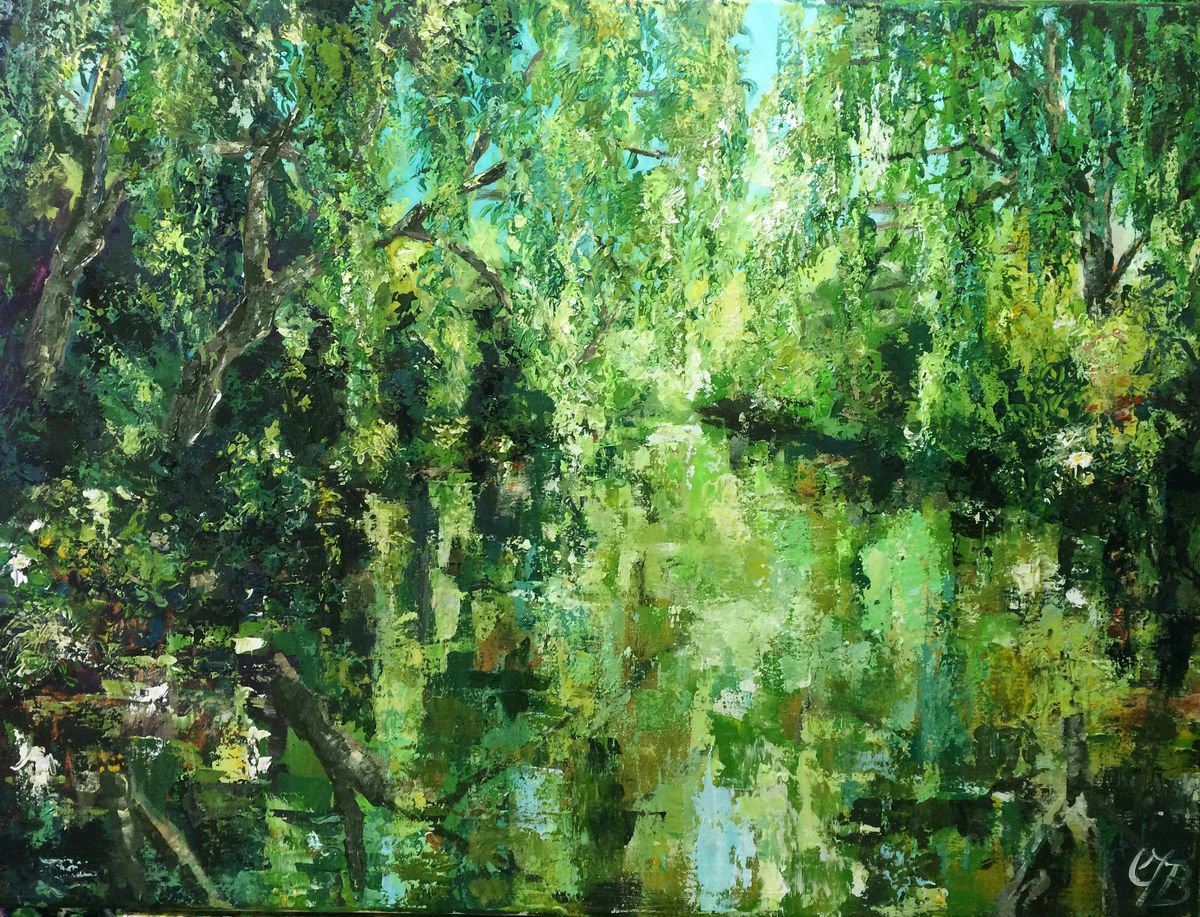 Impressionistic Landscape Acrylic Painting By Colette Baumback, 31 X 24, Reflections On The River, Original Artwork
