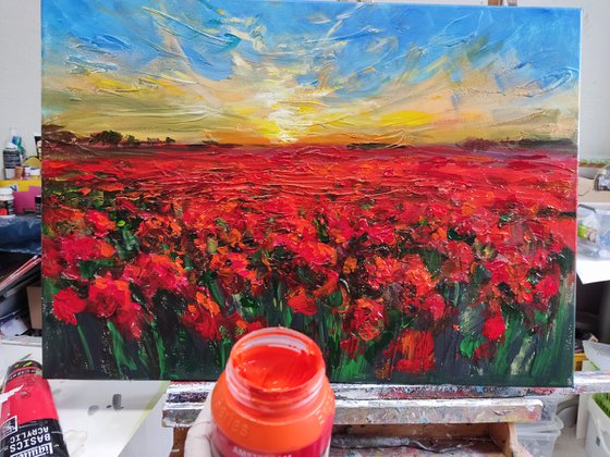 Red  Poppy Field. Original Impasto Acryl Painting With Palette Knife.