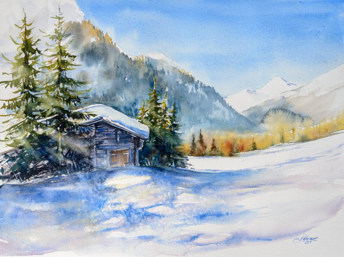 Impressionistic Landscape Watercolour By Eve Mazur, 16 X 12, Winter Landscape, Original Artwork