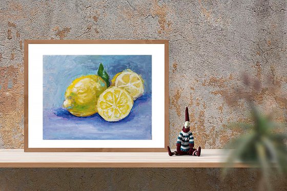 Lemon Painting Original Art Fruit Still Life Citrus Artwork Small Kitchen Wall Art