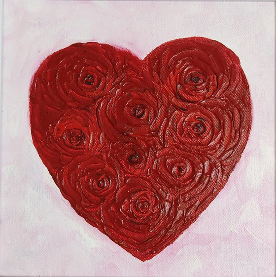 Christmas Valentine - heartful of red roses - palette knife acrylic painting - floral textured artwork - Christmas gift- ready to hang
