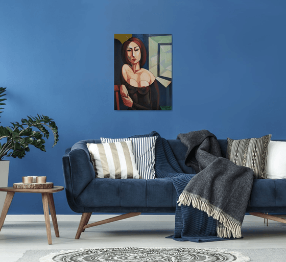 Waiting (60x80cm, cubism, oil painting, ready to hang)