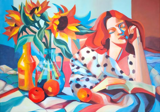 Woman Reading with Sunflowers – Red Hair Lady