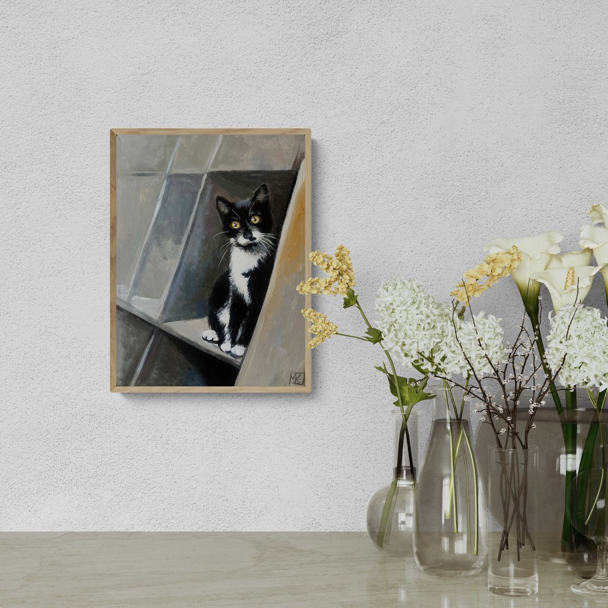 Expressive Animal Acrylic Painting By Maria Kireev, 12 X 16", Whiskers In The Shadows, Original Artwork