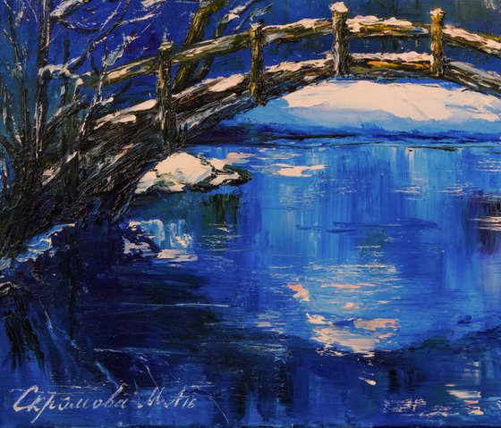 ARTIST'S DREAM - River. Evening. The park. Bridge. Winter evening. Snowy forest. Snowfall. Trees.