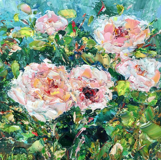 Pink roses and Bouquet of wildflowers