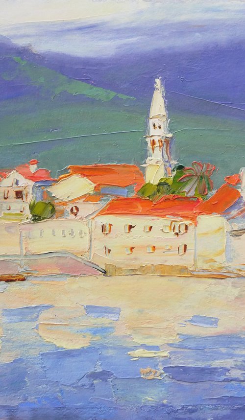 View of the fortress in Budva. Montenegro . Original plein air oil painting . by Helen Shukina