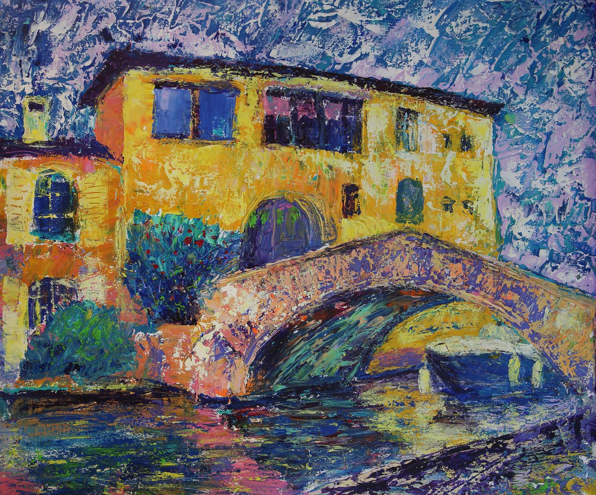 Impressionistic Cityscapes Acrylic Painting By Denys Kuvaiev, 22 X 18, Port Grimaud Bridge, Original Artwork