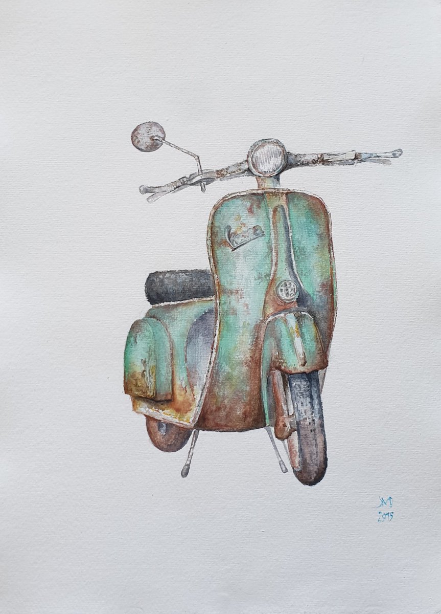 Illustrative Still Life Watercolour By Ksenia June, 12 X 17", Nostalgie Series - Vespa, Original Artwork