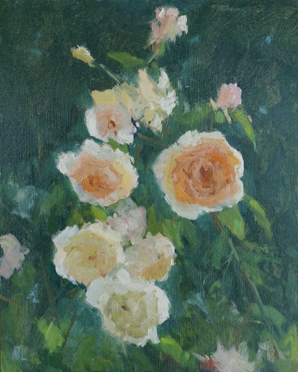Impressionistic Botanical Oil Painting By Alex James Long, 9 X 12, Roses In Morning Light, Original Artwork
