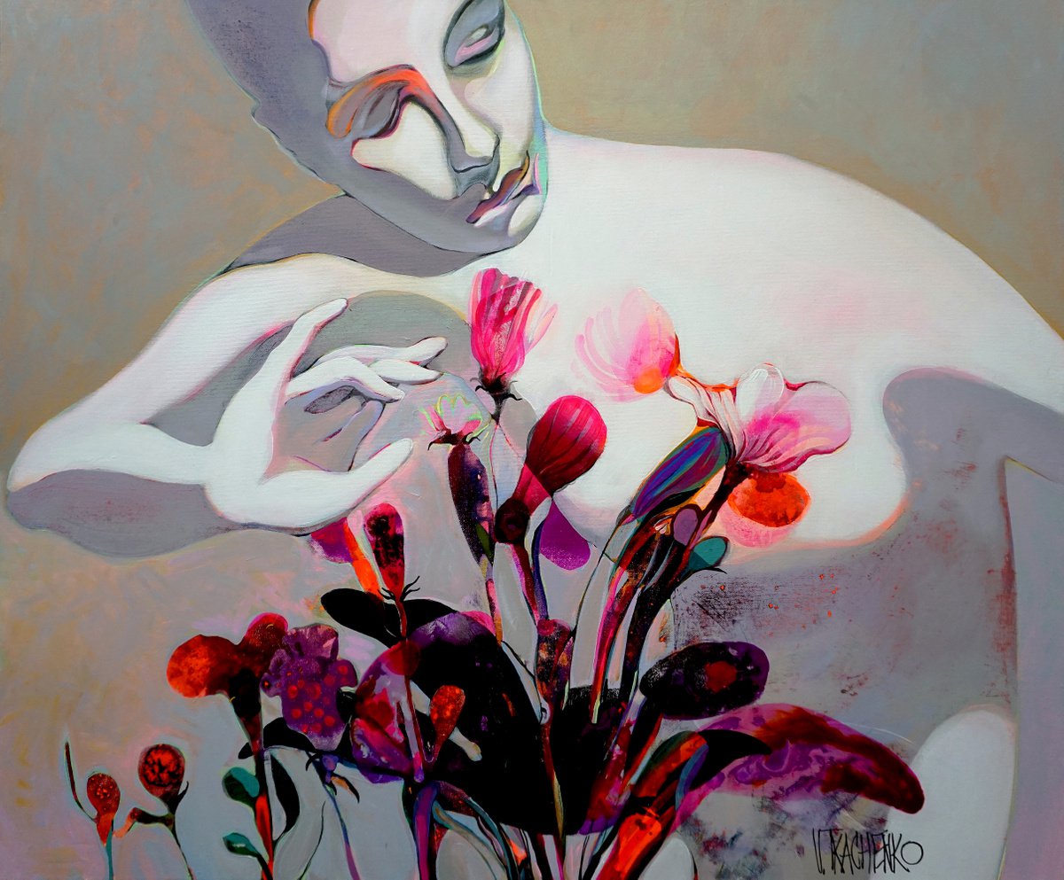 Organic Portrait Acrylic Painting By Victor Tkachenko, 36 X 30", Little Garden, Original Artwork