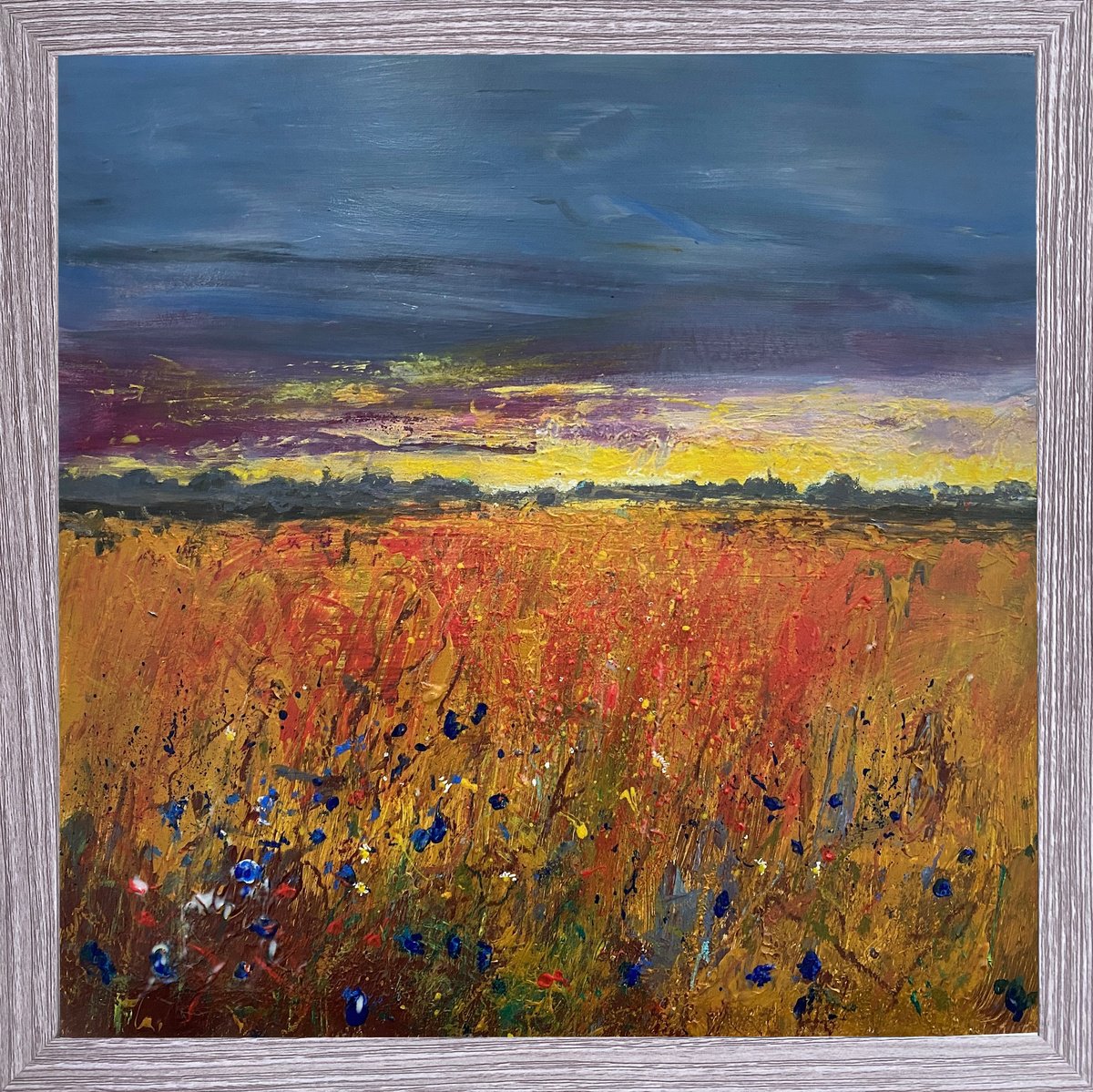 Expressive Landscape Oil Painting By Teresa Tanner, 18 X 18", Edge Of Town Summer Cornfields, Original Artwork