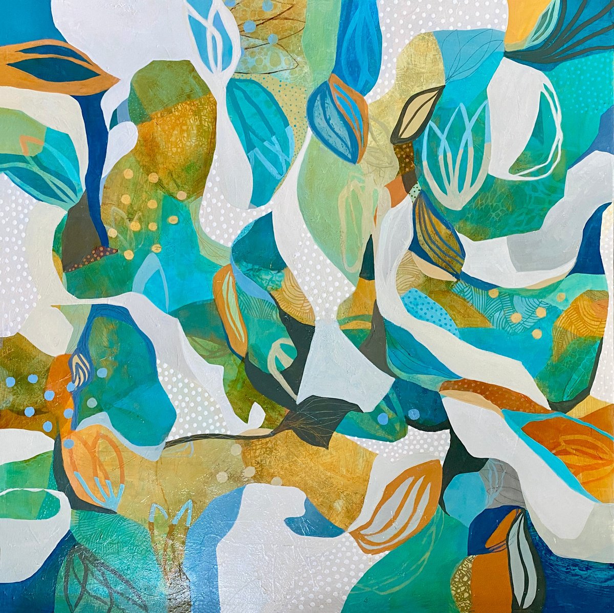 Organic Abstract Acrylic Painting By Debbie Joplin, 48 X 48, Mystic Jungle, Original Artwork