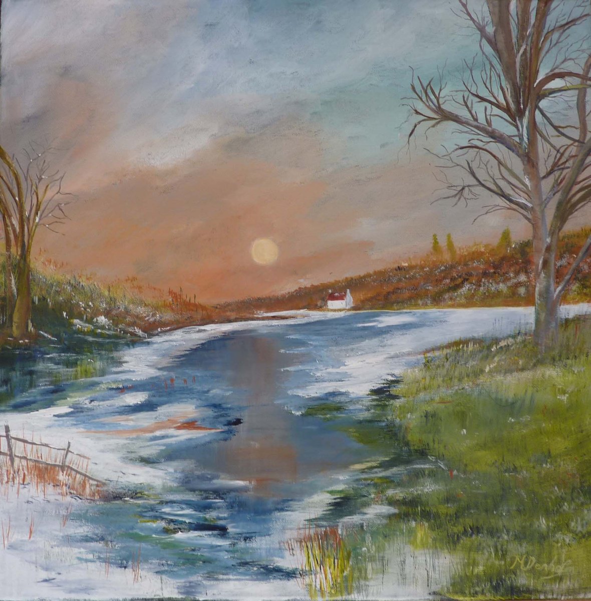 Impressionistic Landscape Acrylic Painting By Margaret Denholm, 20 X 20", Frozen Loch, Original Artwork