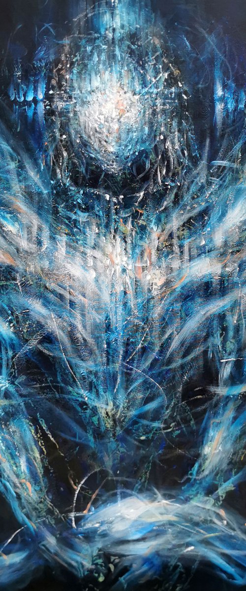Large XXL enigmatic metaphysical dark blue abstract angel composition by master KLOSKA by Kloska Ovidiu