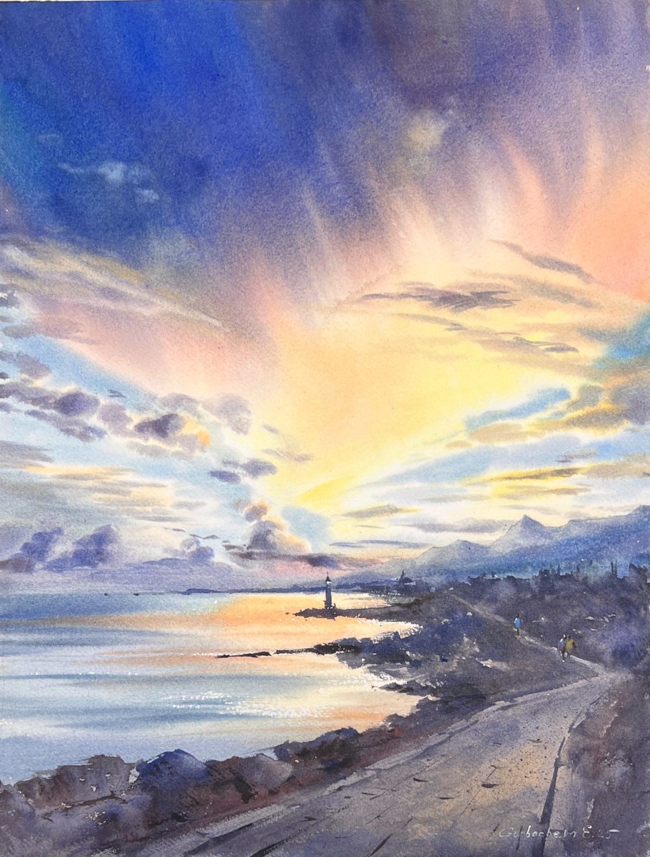 Impressionistic Landscape Watercolour By Eugenia Gorbacheva, 12 X 16, Sunset Road And Lighthouse, Original Artwork