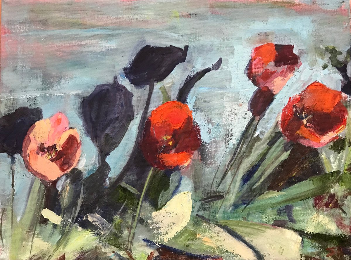 Organic Botanical Oil Painting By Sandra Haney, 16 X 12", Tulips And Shadows, Original Artwork