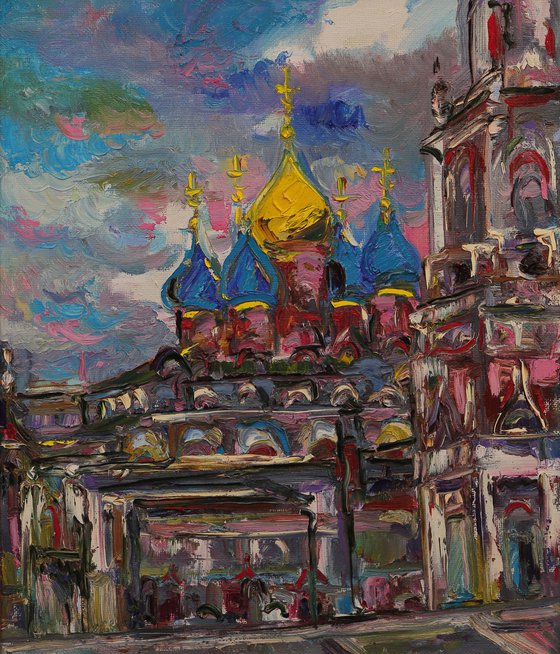 MOSCOW. CLOUDS OVER VARVARKA - Cityscape - Russia church love sky , oil painting