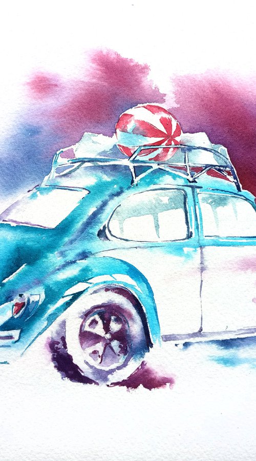 Original watercolor "Retro car" by Ksenia Selianko