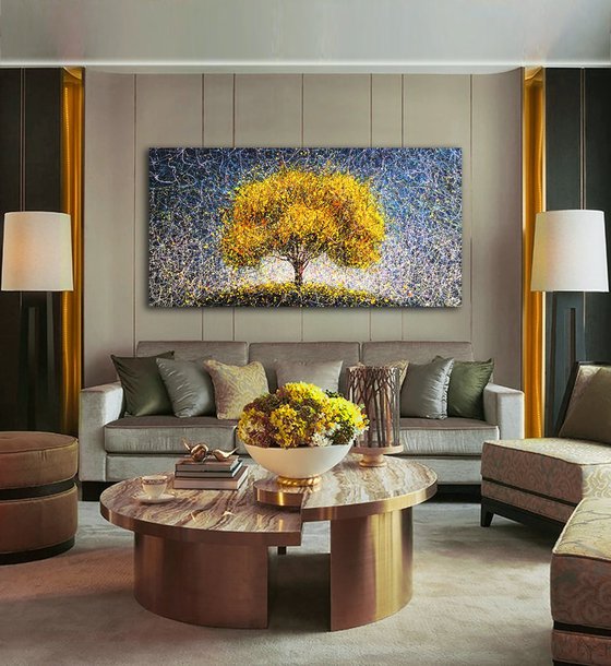 Yellow tree abstraction Modern blue yellow painting Sun Autumn art