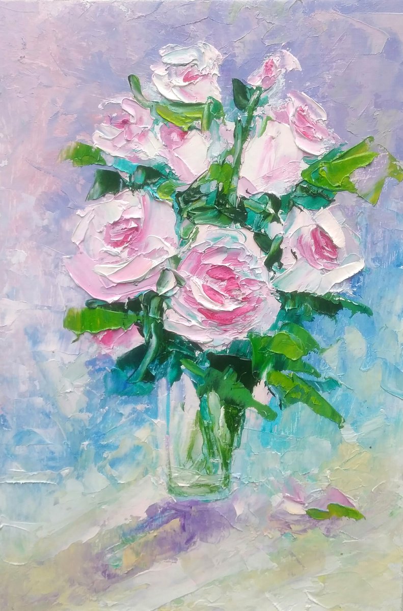 Pink Rose Painting Original Art Small Bouquet Artwork Flower Wall Art Floral Mini Oil Pain... by Yulia Berseneva