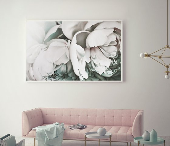 "Tender peonies 2" White flower oil art