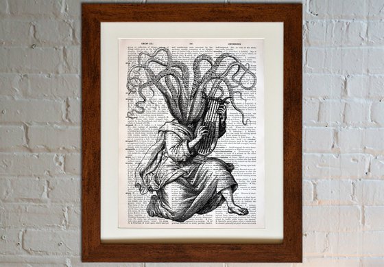 Octopus Musician - Collage Art Print on Large Real English Dictionary Vintage Book Page