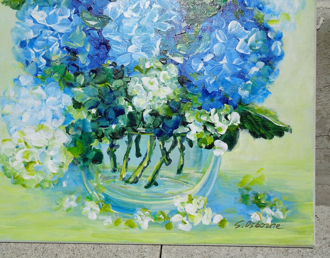 White and Blue Hydrangea Original Painting on Canvas. Impressionistic