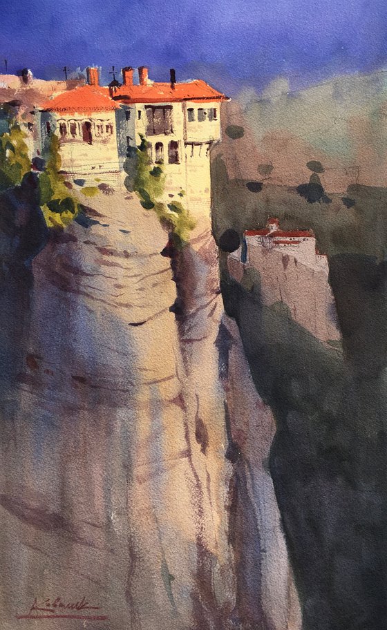 Handmade watercolor painting “Meteora. Monastery of St. Barlaam”