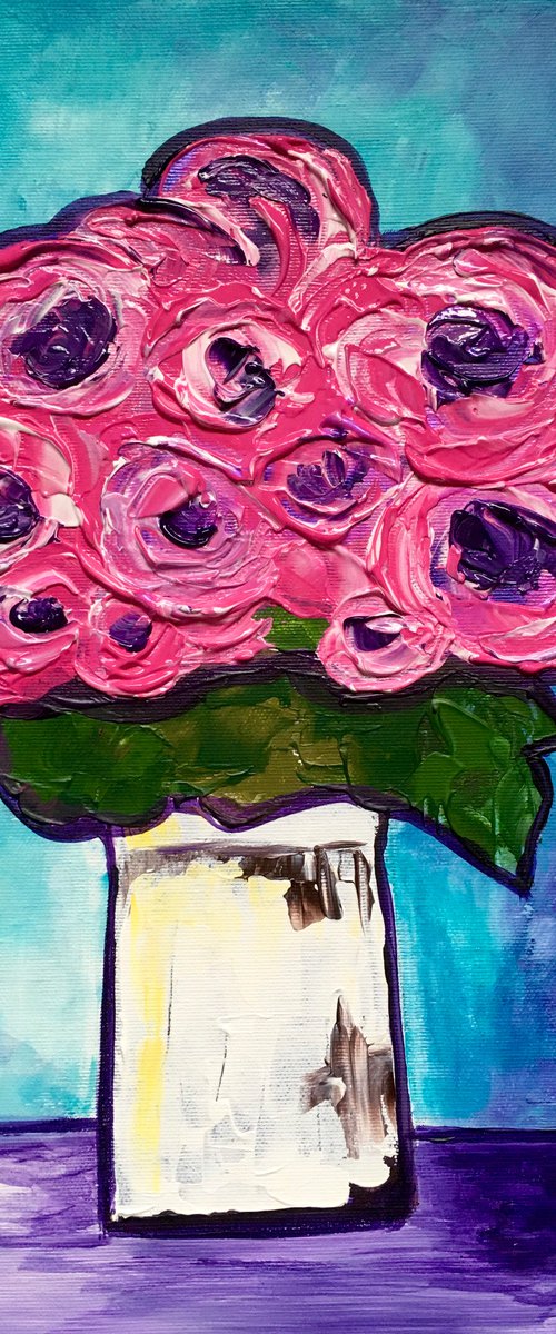 BOUQUET OF Pink  Roses  #9 palette  knife Original Acrylic painting office home decor gift by Olga Koval