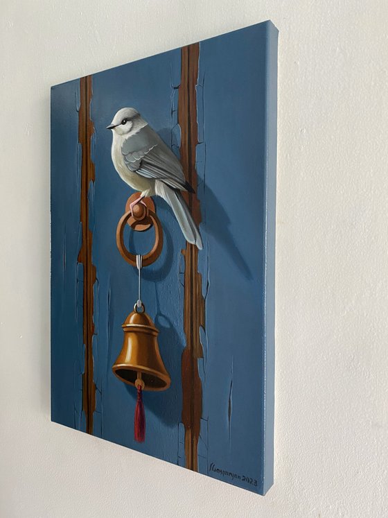 Still life with bird and bell (24x35cm, oil painting, ready to hang)