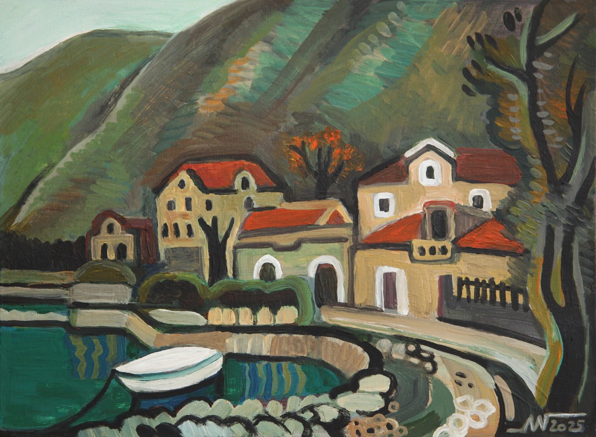 Landscape Acrylic Painting By Marina Gorkaeva, 16 X 12", Dobrota, Original Artwork