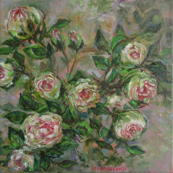 Original Oil Painting of White Roses Bush Romantic Impressionism Blooming flowers for your new home design housewarming gift white and green good vibes cosy love Small 12x12 in. (30x30 cm)