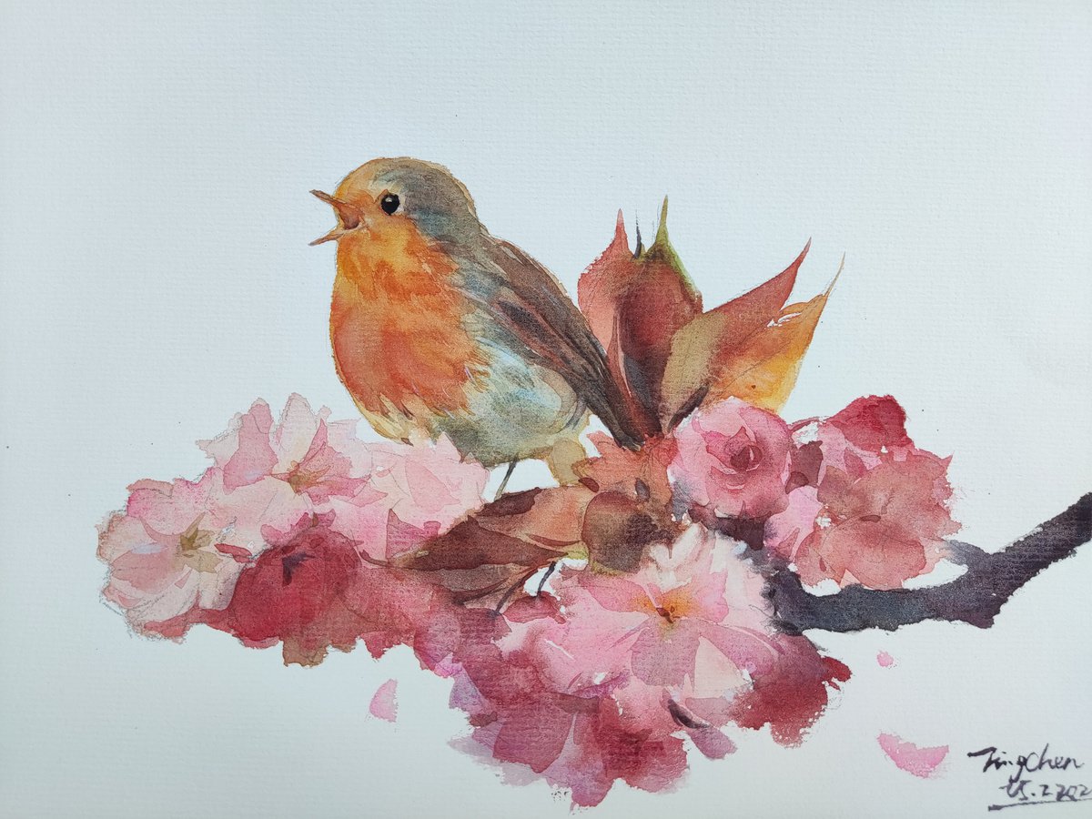 Impressionistic Animal Watercolour By Jing Chen, 12 X 9, Bird On A Branch 4, Original Artwork