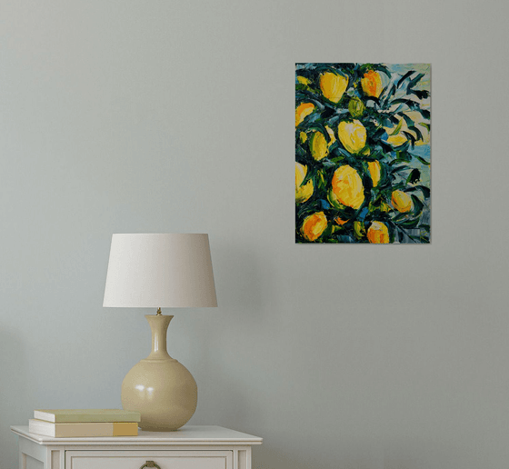 Lemons oil painting, tropical wall art, fruits canvas art, kitchen decor