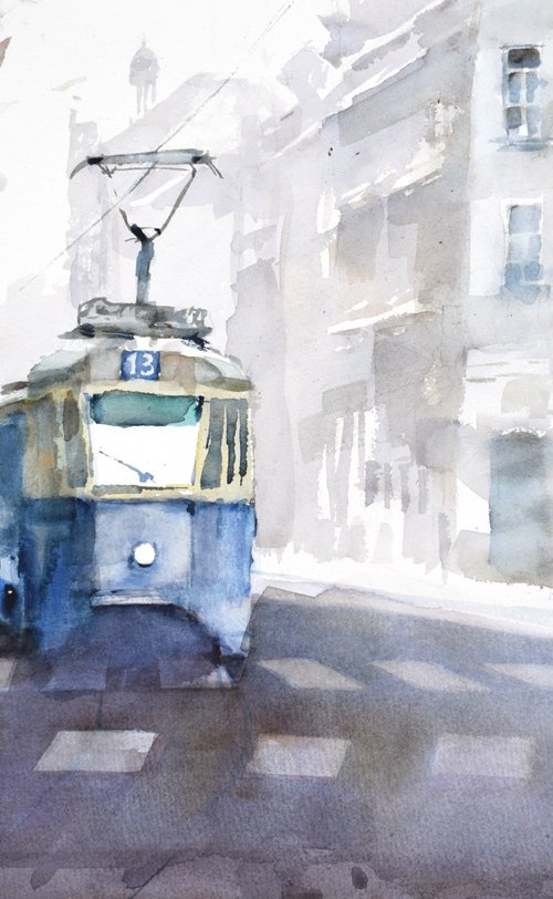 Blue tram 2... by Goran Žigolić Watercolors