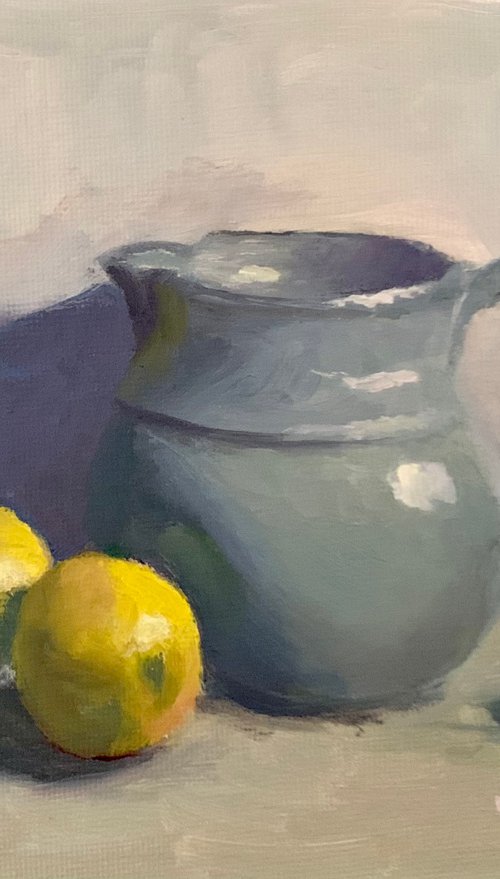 Lemons and Blue Pitcher by Elizabeth B. Tucker